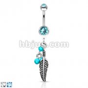 Feather with Blue Turquoise Semi Precious Stone Beads Navel Ring 316L Surgical Steel 