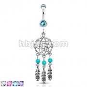 Dream Catcher Net with Bead Based Feathers Fancy Navel Ring 316L Surgical Steel 