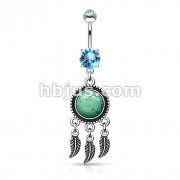 Dream Catcher 316L with Turquoise Semi Precious Stone and Leaves Dangle Navel Ring 