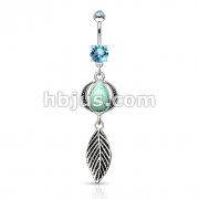 Nature Turquoise Semi Precious Stone Headress with Leaf Dangle Navel Ring 316L 
