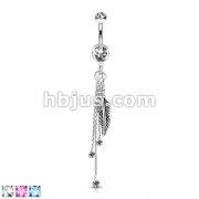 316L Surgical Steel Feather Chains with CZs Dangle Navel Ring