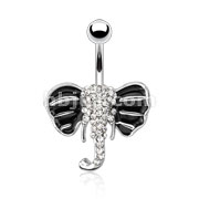 Elephant with Paved Gems and Black Enamel Plated Ears 316L Surgical Steel Navel Ring