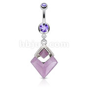 Amethyst Diamond Shapped Semi Precious Stone Mounted 316L Surgical Steel Navel Ring