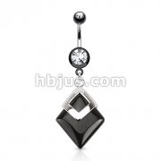 Black Agate Diamond Shapped Semi Precious Stone Mounted 316L Surgical Steel Navel Ring
