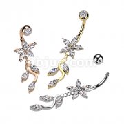 5 Marquise CZ Flower With Vine Dangle 316L Surgical Steel Belly Button Ring