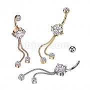 316L Surgical Steel Double Jeweled CZ With 2 Rope Chain Dangle Belly Button Ring
