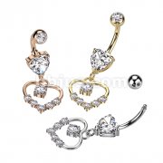 Heart Shaped CZ With Hollow Heart Pave Dangle 316L Surgical Steel Belly Button Navel Ring