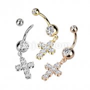 Large Prong Set Multi CZ Cross Dangle  316L Surgical Steel Double Jeweled Belly Button Navel Ring  