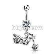 Motorcycle Dangle w/ Round CZ Navel Ring 