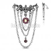 316L Surgical Steel Belly Ring With Top Drop Cross and Chain Chandelier Line
