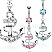 316L Surgical Steel Gemmed Anchor Wrapped in Rope Dangle Navel Ring