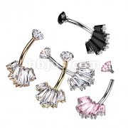 316L Surgical Steel Belly Ring With Internally Threaded Round CZ Top and 5 Baguette CZ Set Fan Bottom