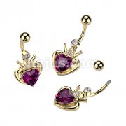 Gold PVD Over 316L Surgical Steel Belly Button Ring With Crown and Pink Gem Heart