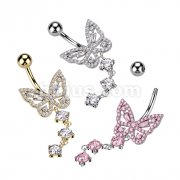 316L Surgical Steel CZ Butterfly With 3 Round CZ Dangle Belly Button Ring