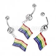 Rainbow Pride Flag Dangle Double Jeweled 316L Surgical Steel Belly Button Rings