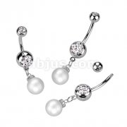 316L Surgical Steel Double Jeweled Gem With Pearl Dangle Belly Button Ring