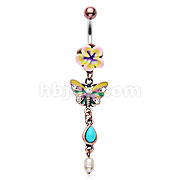 316L Surgical Steel Flower Vintage Navel Ring With Butterfly and Turquoise Tear Drop Dangle 