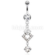 Two Overlapped Squares with Round CZ Dangle 316L Surgical Steel Navel Ring