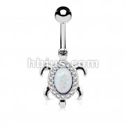 Opal Glitter Center and Crystal Paved Turtle 316L Surgical Steel Belly Button Navel Rings