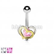Gold and Steel Two-Tone Double Heart with CZ 316L Surgical Steel Belly Button Navel Rings