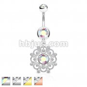 Crystal Paved Vintage Filigree Dangle 316L Surgical Steel Double Jeweled Belly Button Navel Rings