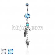 Turquoise and Tribal Feather and Arrows Dangle Double Jeweled 316L Surgical Steel Belly Rings