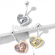 CZ Paved Heart with Heart Center 316L Surgical Steel Belly Button Navel Rings