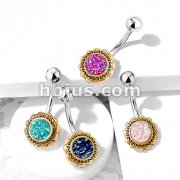 Gold Filigree Flower with Druzy Stone Center 316L Surgical Steel Belly Button Navel Rings
