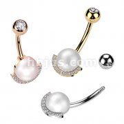 316L Surgical Steel Belly Ring With Pearl and Half CZ Rim Edge