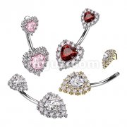 316L Surgical Steel Double Heart CZ Belly Button Ring With CZ Pave Around the Hearts