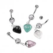 Double Jeweled 316L Surgical Steel Belly Button Navel Ring With Semi Precious Stone Dangle
