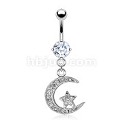 CZ Paved Crescent with Star Dangle 316L surgical Steel Belly Rings