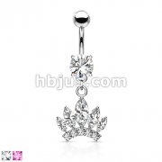 Marquise Cut Gem Paved Crown Dangle with 316L CZ Prong Set Navel 
