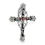 Rhodium Plated Top Drop Navel Ring W/Black Enamel Colored Cross with Red Gem Center