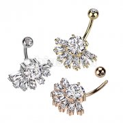 316L Surgical Steel Double CZ Belly Ring With Big Baguette CZ Fan Bottom