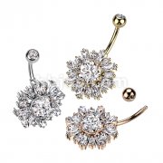 316L Surgical Steel Belly Ring With Sunburst Baguette CZ's Around a Prong Set CZ Center