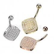 316L Surgical Steel Belly Ring With Two Tier Diamond Shaped Pave CZ Bottom