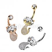 316L Surgical Steel Belly Ring With CZ Cat Head and Pave CZ Body