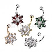 316L Surgical Steel Belly Ring With Marquise CZ Petals and Round CZ Flower