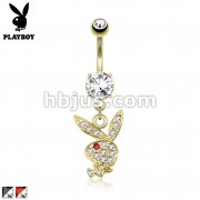 Duo Toned Paved Gems on Playboy Bunny Dangle 14kt Gold Plated Navel Ring