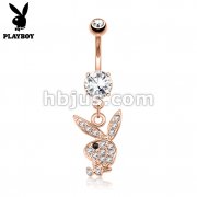 Multi Paved Gems on Playboy Bunny Dangle Rose Gold 316L Surgical Steel Navel Ring