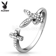 Multi Paved Gems Playboy Bunny with Black Gem Eye and Cross Adjustable Ring
