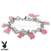 Pink Enamel Filled Playboy Charm Stainless Steel Bracelet 