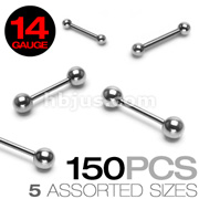 150 Pcs of 14 Gauge 316L Surgical Stainless Steel Mixed Size Barbells