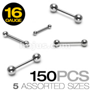 150 Pcs of 16 Gauge 316L Surgical Stainless Steel Mixed Size Barbells