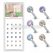 24 Pcs Pre Loaded Box of Crown Set Round Stone 20ga 316L Surgical Steel Nose Stud Rings Pack (6 Color x 4 Pcs)