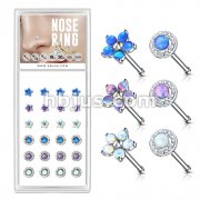 24 Pcs Pre Loaded Box of Opal Set Mixed Style 20ga 316L Surgical Steel Nose Stud Rings Pack (6 Styles x 4 Pcs)