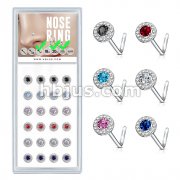 24 Pcs Double Tiered Round CZ Center Top  L Bend 20 Gauge 316L Surgical Steel Nose Stud Rings Package