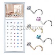 40 Pcs Mixed Colored Pre Loaded Box of Prong Set Round CZ Top 316L Surgical Steel Nose Screw Pack