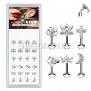 24 Pcs Pre Loaded Internally Theaded Assorted Styles Top 316L Surgical Steel Stud Pack for Labret, Lip, Monroe and Ear Cartilage